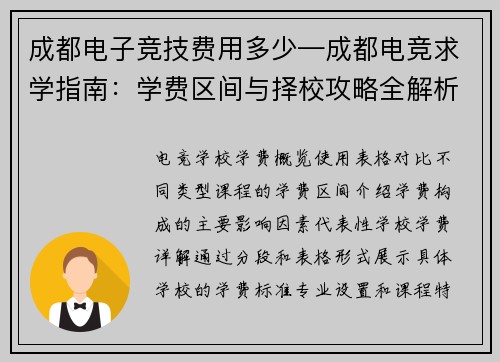 成都电子竞技费用多少—成都电竞求学指南：学费区间与择校攻略全解析
